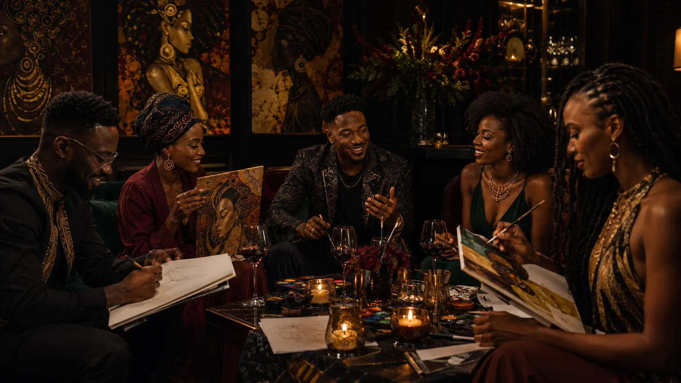 Stylish AFROMERA guests creating together in a warm cultural lounge