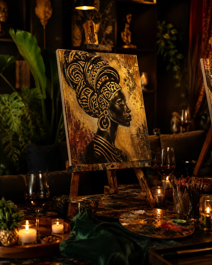 Candlelit Culture and Canvas portrait painting setup with wine and art supplies