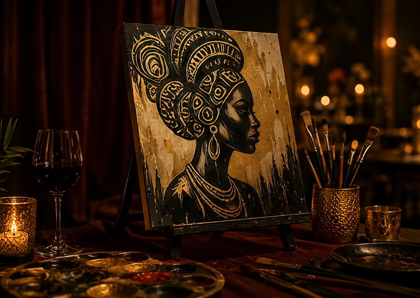 An elegant candlelit paint and sip setting